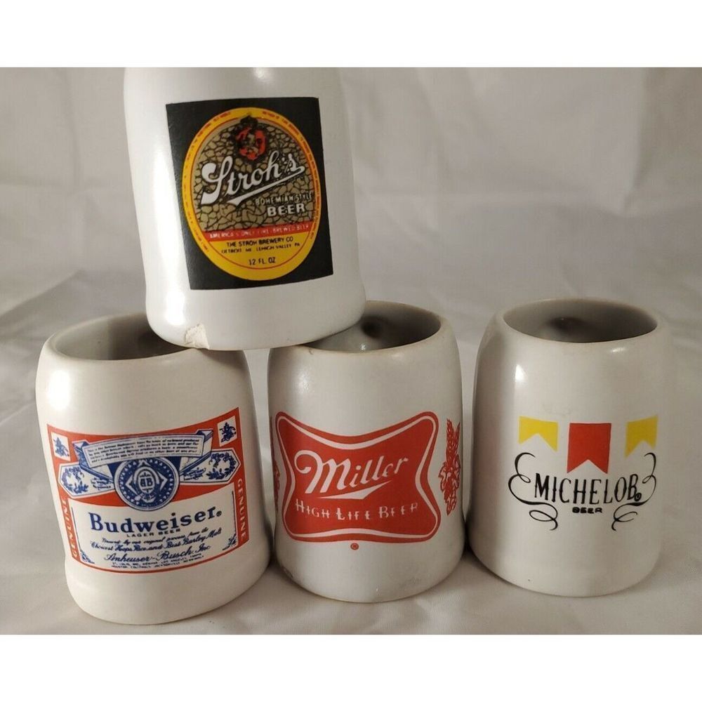 Beer Mugs Shot Glasses Lot of 4 Barware Budweiser Miller Strohs Michelob Mancave - Picture 7 of 12